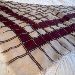 Vintage Scarf Burgundy and Beige Square - geometric Chain Pattern - Raw Edge